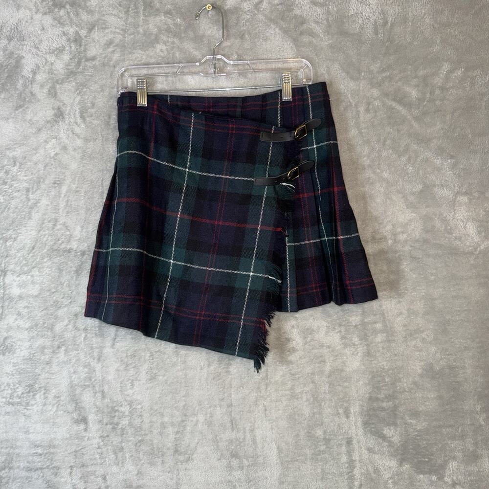 Polo Ralph Lauren Black Plaid Wool Pleated Wrap Mini Skirt Kilt tartan Green 6